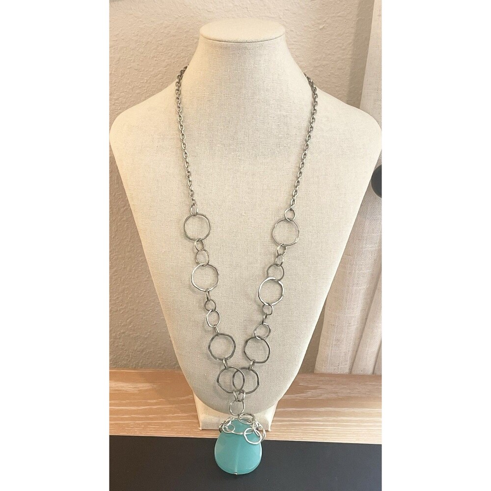 Lia Sophia Shore Line Blue Stone Silver Tone Long Link Necklace